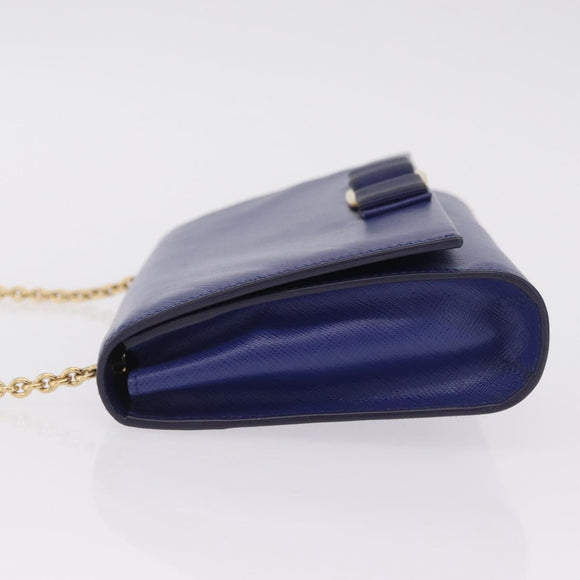 Salvatore Ferragamo Vala Chain Shoulder Bag Leather Blue Gold Tone Auth bs37896A