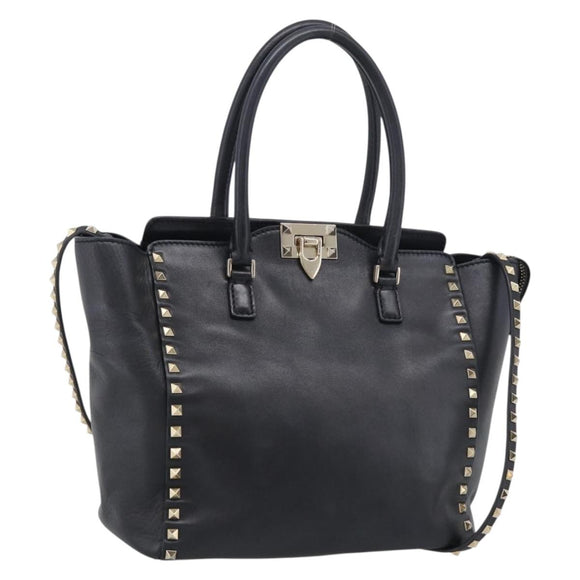 Valentino Rock Studs Hand Bag Leather 2way Black Gold Tone Auth bs37898