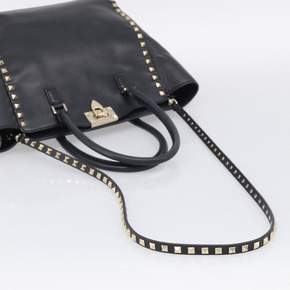 Valentino Rock Studs Hand Bag Leather 2way Black Gold Tone Auth bs37898