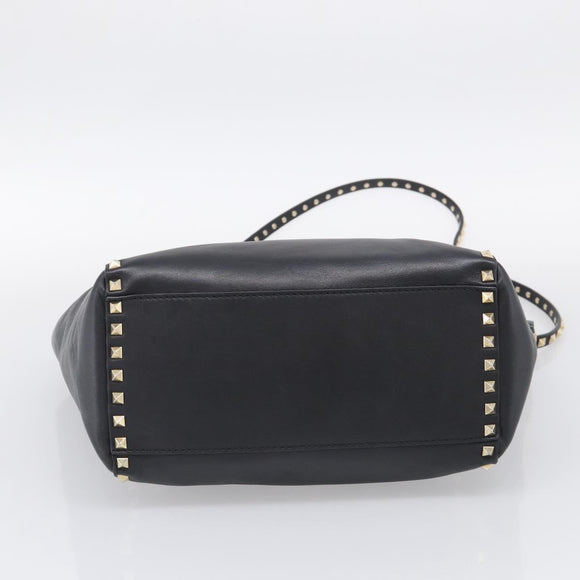 Valentino Rock Studs Hand Bag Leather 2way Black Gold Tone Auth bs37898