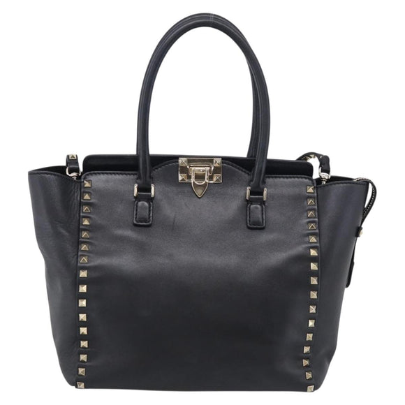Valentino Rock Studs Hand Bag Leather 2way Black Gold Tone Auth bs37898