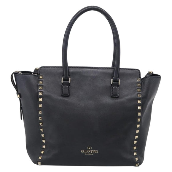 Valentino Rock Studs Hand Bag Leather 2way Black Gold Tone Auth bs37898