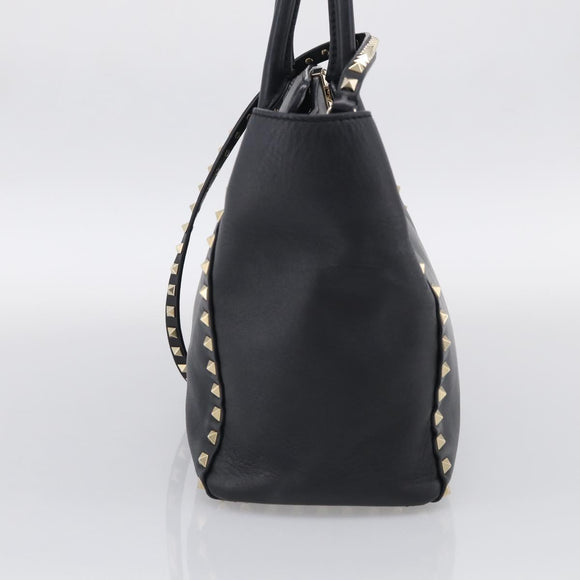 Valentino Rock Studs Hand Bag Leather 2way Black Gold Tone Auth bs37898