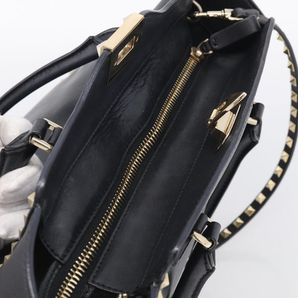Valentino Rock Studs Hand Bag Leather 2way Black Gold Tone Auth bs37898