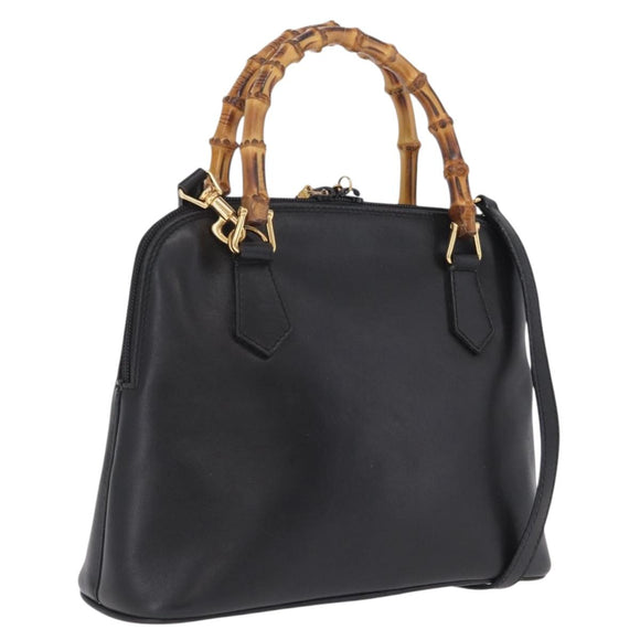 GUCCI Bamboo Hand Bag Leather 2way Black Gold Tone 000 2058 0290 0 Auth bs37903