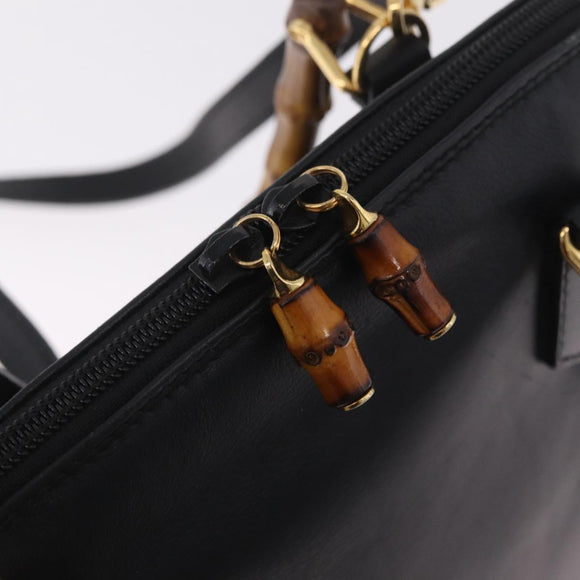 GUCCI Bamboo Hand Bag Leather 2way Black Gold Tone 000 2058 0290 0 Auth bs37903