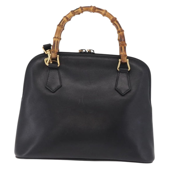 GUCCI Bamboo Hand Bag Leather 2way Black Gold Tone 000 2058 0290 0 Auth bs37903