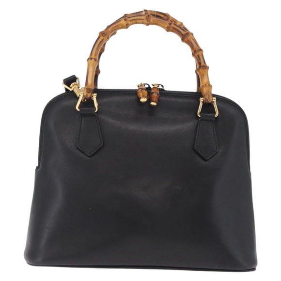 GUCCI Bamboo Hand Bag Leather 2way Black Gold Tone 000 2058 0290 0 Auth bs37903