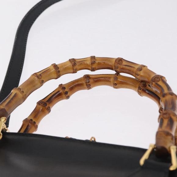 GUCCI Bamboo Hand Bag Leather 2way Black Gold Tone 000 2058 0290 0 Auth bs37903