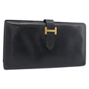 HERMES Bean Long Wallet Leather Black Gold Tone Auth bs37904-1