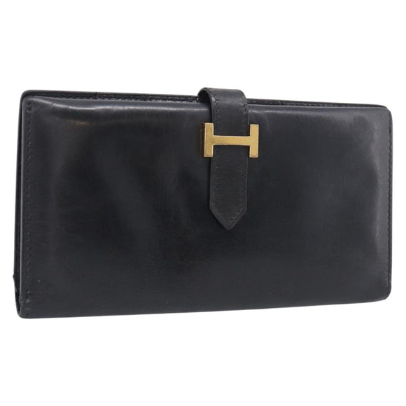 HERMES Bean Long Wallet Leather Black Gold Tone Auth bs37904