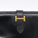 HERMES Bean Long Wallet Leather Black Gold Tone Auth bs37904-12