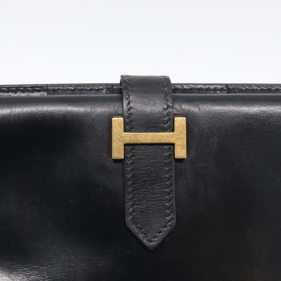 HERMES Bean Long Wallet Leather Black Gold Tone Auth bs37904