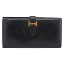 HERMES Bean Long Wallet Leather Black Gold Tone Auth bs37904-2