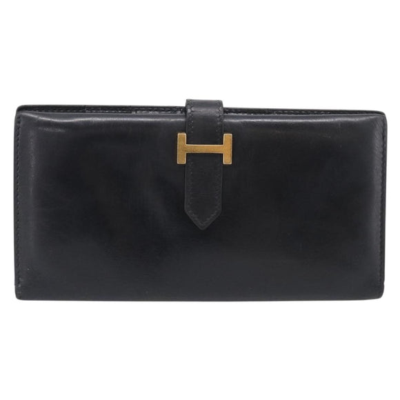 HERMES Bean Long Wallet Leather Black Gold Tone Auth bs37904
