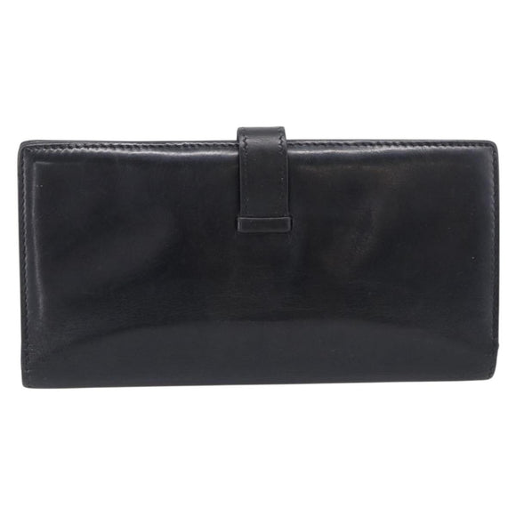 HERMES Bean Long Wallet Leather Black Gold Tone Auth bs37904
