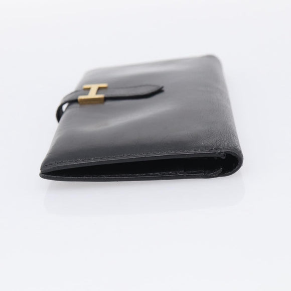 HERMES Bean Long Wallet Leather Black Gold Tone Auth bs37904