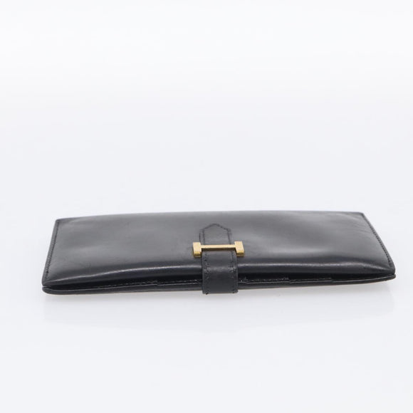 HERMES Bean Long Wallet Leather Black Gold Tone Auth bs37904
