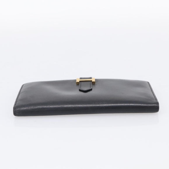 HERMES Bean Long Wallet Leather Black Gold Tone Auth bs37904