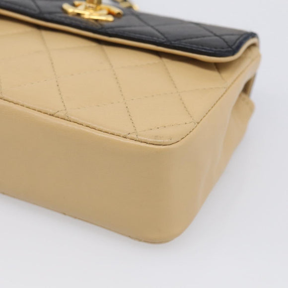 CHANEL Matelasse Chain Shoulder Bag Lamb Skin Beige Gold Tone CC Auth bs37920