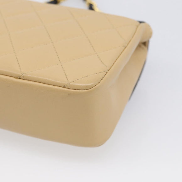 CHANEL Matelasse Chain Shoulder Bag Lamb Skin Beige Gold Tone CC Auth bs37920