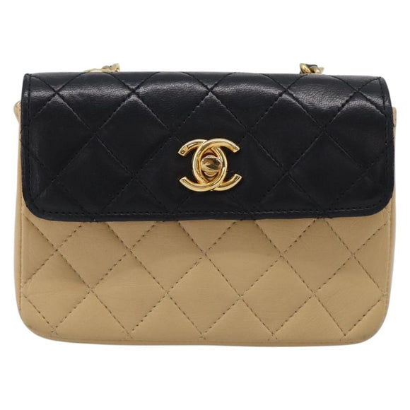 CHANEL Matelasse Chain Shoulder Bag Lamb Skin Beige Gold Tone CC Auth bs37920