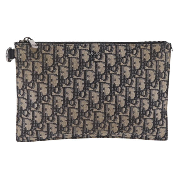 Christian Dior Oblique Clutch Bag Canvas Navy Silver Auth bs37922
