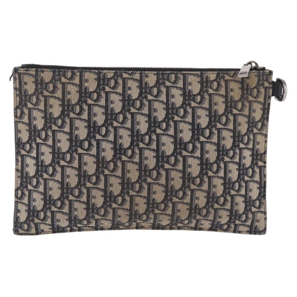 Christian Dior Oblique Clutch Bag Canvas Navy Silver Auth bs37922