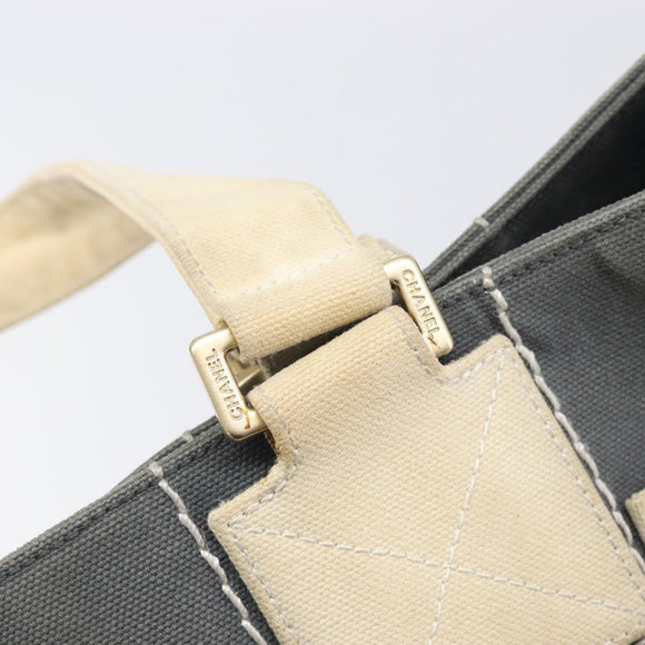 CHANEL Choco Bar Tote Bag Canvas Gray Gold CC Auth bs37923