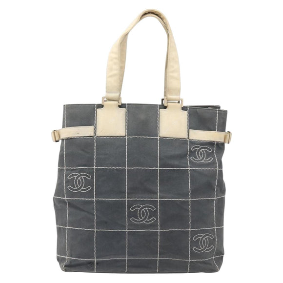 CHANEL Choco Bar Tote Bag Canvas Gray Gold CC Auth bs37923