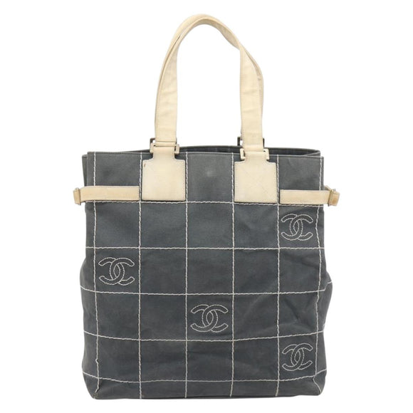 CHANEL Choco Bar Tote Bag Canvas Gray Gold CC Auth bs37923