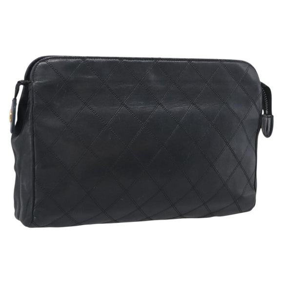 CHANEL Bicolore Clutch Bag Lamb Skin Black Gold Tone CC Auth bs37924