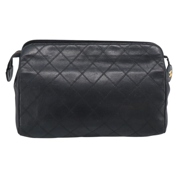 CHANEL Bicolore Clutch Bag Lamb Skin Black Gold Tone CC Auth bs37924