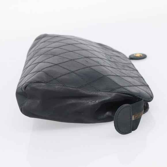 CHANEL Bicolore Clutch Bag Lamb Skin Black Gold Tone CC Auth bs37924
