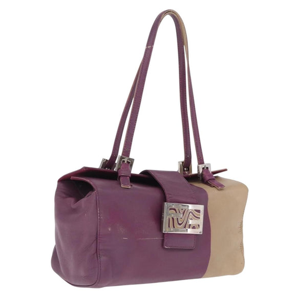 FENDI Hand Bag Leather Purple Silver Auth bs37945