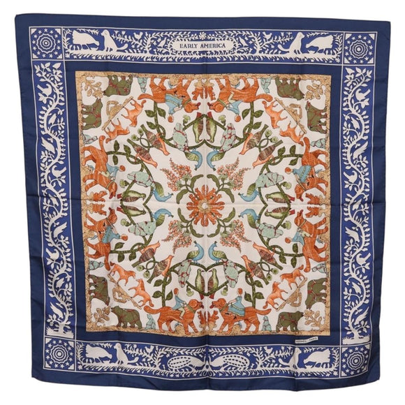 HERMES Carre 90 Scarf ""EARLY AMERICA"" Silk Blue Auth bs37948