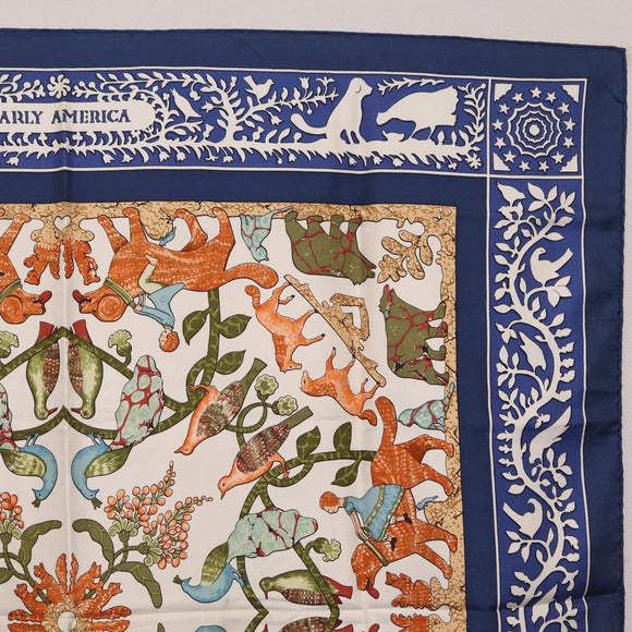 HERMES Carre 90 Scarf ""EARLY AMERICA"" Silk Blue Auth bs37948