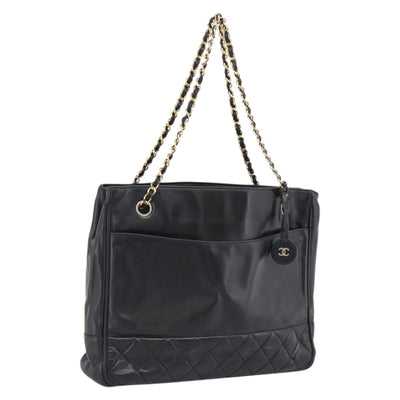 CHANEL Matelasse Chain Shoulder Bag Lamb Skin Black Gold Tone CC Auth bs37970