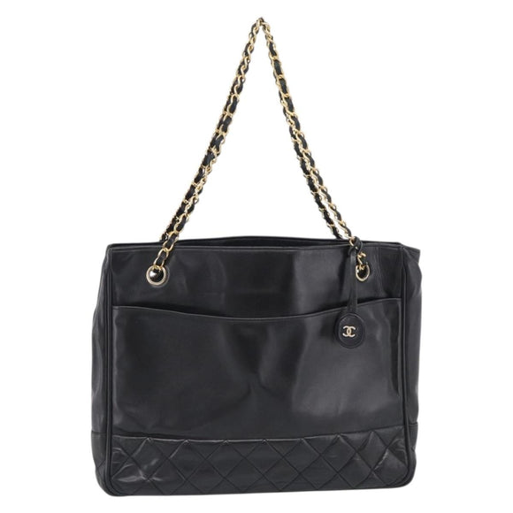 CHANEL Matelasse Chain Shoulder Bag Lamb Skin Black Gold Tone CC Auth bs37970