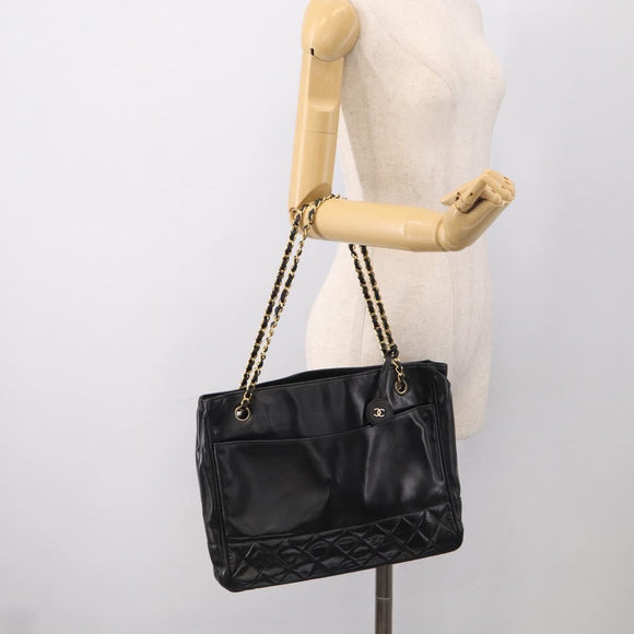 CHANEL Matelasse Chain Shoulder Bag Lamb Skin Black Gold Tone CC Auth bs37970