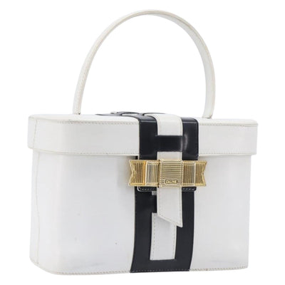 CELINE Vanity Hand Bag Leather White Gold Tone Auth bs37980