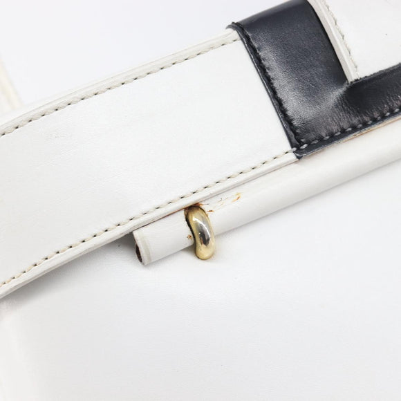 CELINE Vanity Hand Bag Leather White Gold Tone Auth bs37980