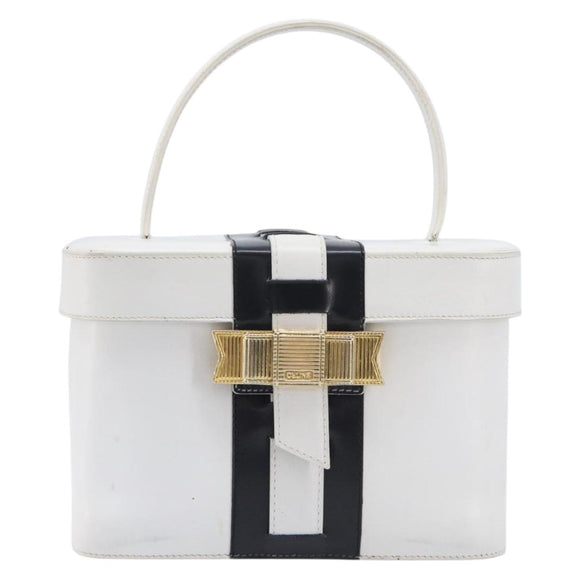 CELINE Vanity Hand Bag Leather White Gold Tone Auth bs37980