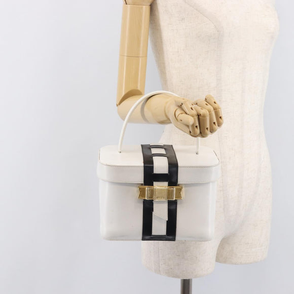 CELINE Vanity Hand Bag Leather White Gold Tone Auth bs37980