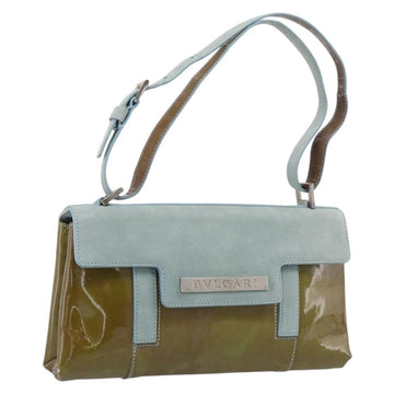 BVLGARI Hand Bag Patent Light Blue Silver Auth bs37982
