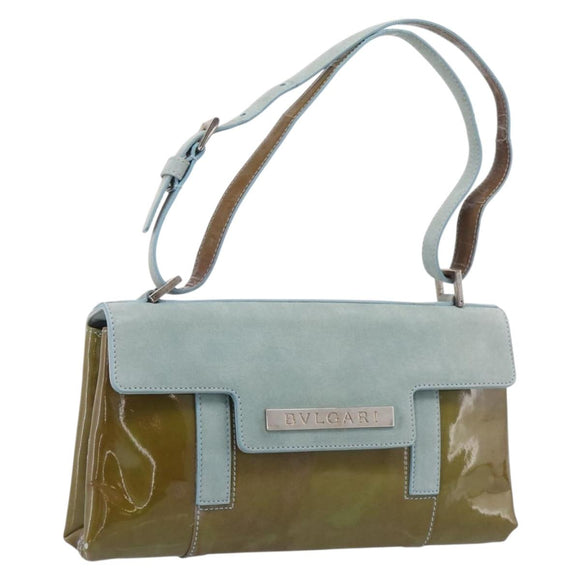 BVLGARI Hand Bag Patent Light Blue Silver Auth bs37982