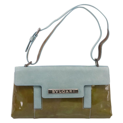 BVLGARI Hand Bag Patent Light Blue Silver Auth bs37982 - 0