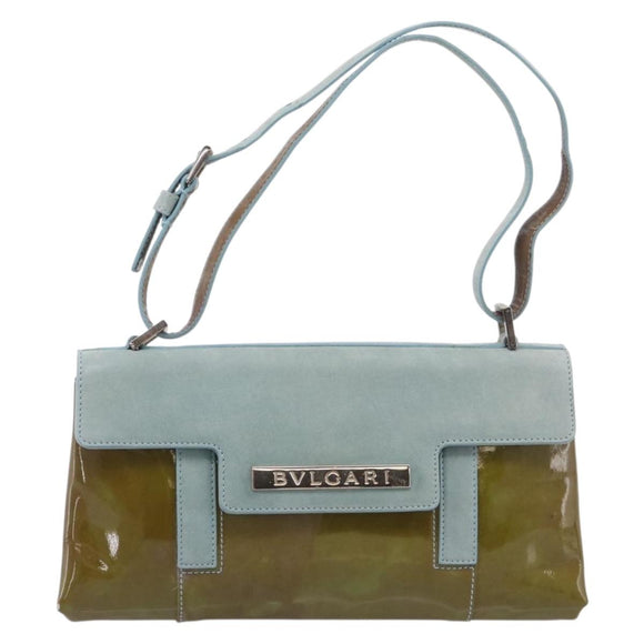 BVLGARI Hand Bag Patent Light Blue Silver Auth bs37982