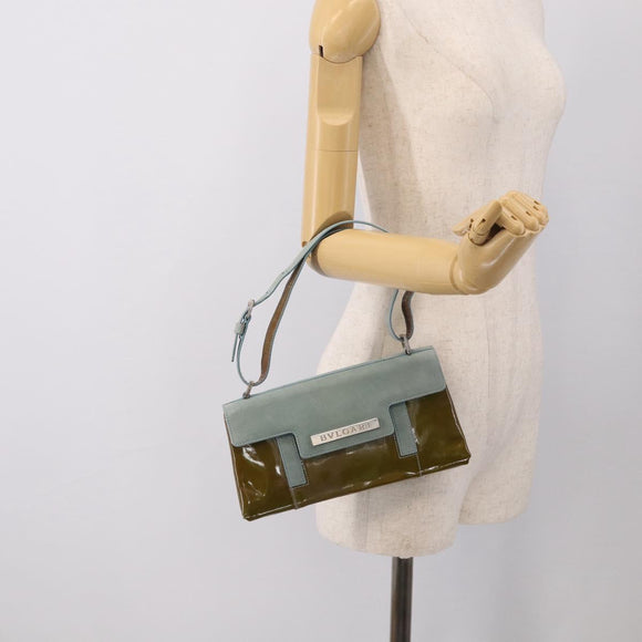 BVLGARI Hand Bag Patent Light Blue Silver Auth bs37982