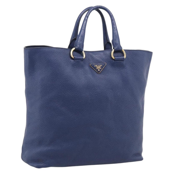 PRADA Hand Bag Leather Blue Gold Tone Auth bs37985